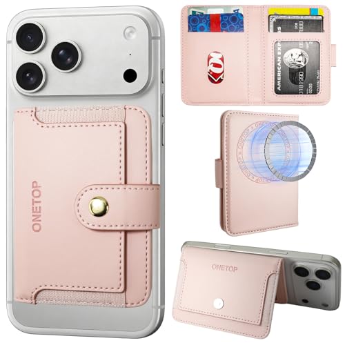 ONETOP for MagSafe Wallet, Stick-On Phone Wallet for Back, Strong Magnetic Wallet with 5 Card Slots for iPhone 17/16/15/14/13/12 Series, PU Leather RFID Blocking 12 Cards Holder Phone Stand (Pink)