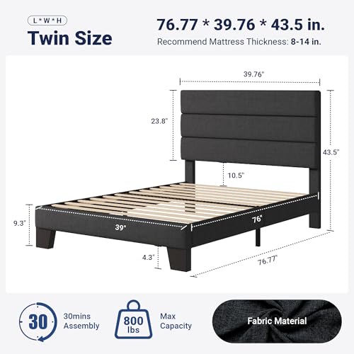 Image of Allewie Twin Size Platform Bed Frame with Fabric Upholstered Headboard and Wooden Slats Support, Fully Upholstered Mattress Foundation /No Box Spring Needed /Easy Assembly, Dark Grey
