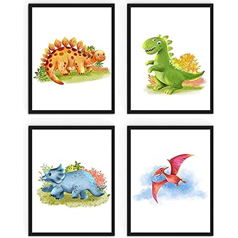 WIETRE® Juego de 4 imágenes de dinosaurios con marco negro Cover