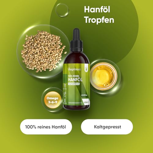 Hanföl Tropfen 60ml - 2000mg reines Hanfsamenöl - Veganes Hanfsamen Öl kaltgepresst - Hemp Oil - Glutenfrei - Von WeightWorld