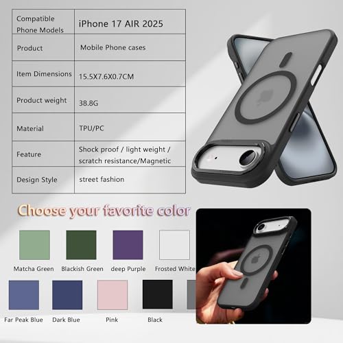 Image of Magnetic for iPhone 17 Air Phone Case, [Compatible with MagSafe], Screen Protector X1, [Military Grade Drop Protection],Matte Finish,Slim,Shockproof,Protective (Black Magnetic, iPhone 17 air)