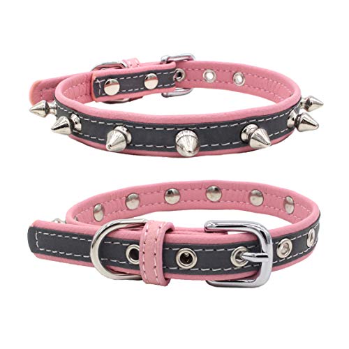 Newtensina Studded Dog Collar Reflective Puppy Collar for Small Dogs - Pink - M