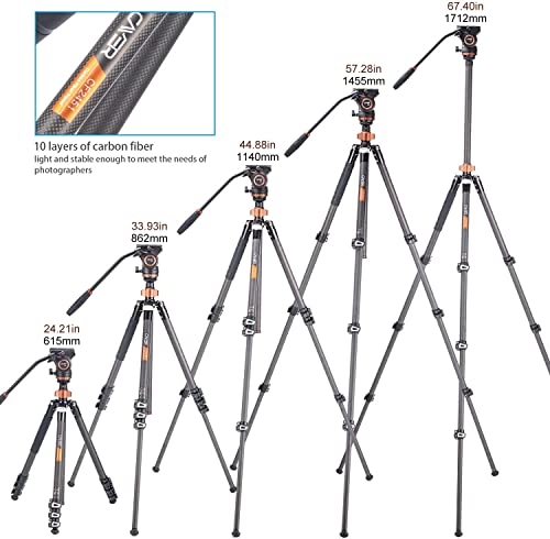 Cayer CF2451 Trépied vidéo 67 Pouces en Fibre de Carbone avec tête de traînée Fluide, trépied DSLR Compact à 4 Sections Convertible en Monopode, pour Appareil Photo Reflex numérique Canon Nikon Sony - Image 6
