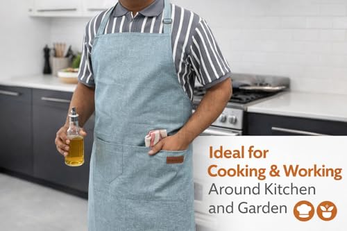 Image of Zollyss Kitchen Apron with Adjustable Cross Back Straps, Cotton Water Resistant, Front Pockets, Chambray Blue