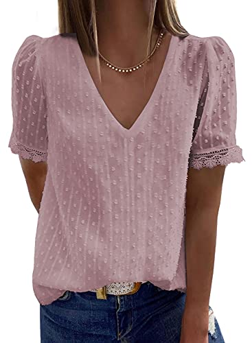 Elegancity Damen Bluse Spitzen Tunika V Ausschnitt Elegant Kurzärmel Spitzen Hemd Dame Blusen Oberteile Tops L,Rosa Cover