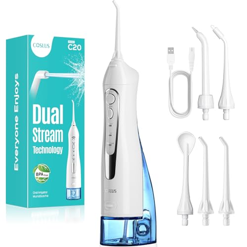 COSLUS C20 Jet Dentaire Hydropulseur Portable 300 ML Sans Fil Irrigateur Dentaire Hydropulseur Dentaire Double Débit d'eau Water Oral Flosser Étanche IPX7...