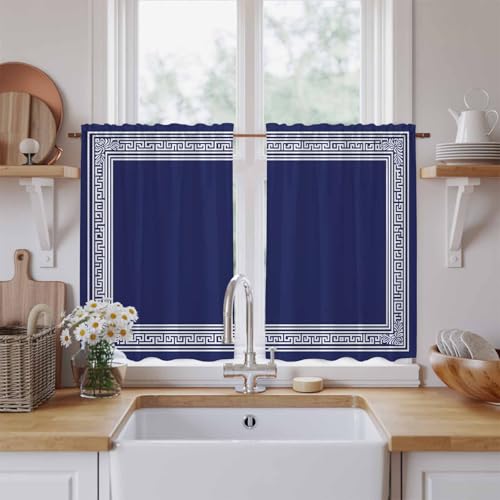 Navy Blue Geometric Kitchen Tier Curtains 45 Inch Long 2