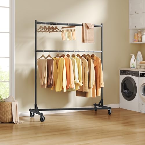 Image of Hoctieon Double Rod Z Rack, Rolling Clothes Racks with Z-Base, Adjustable Clothing Rack, Standing Clothes Rack, Metal Clothing Racks for Hanging Clothes, Portable Garment Rack, Black