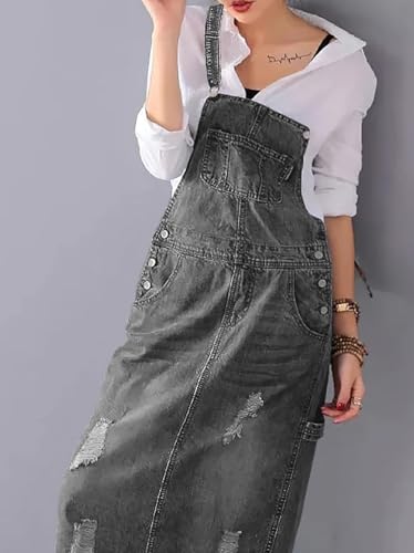 Image of Yoeasy Women's Distressed Denim Overall Dress - Adjustable Strap Pinafore A-Line Mid Long Jean Bib