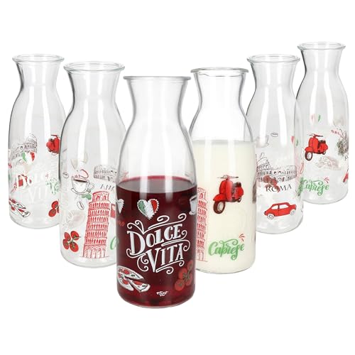 Ritzenhoff & Breker Lot de 6 carafes Palermo de 1 l - En verre avec décor italien - Bouteille à jus pour eau, lait, limonade, café, vin, etc.