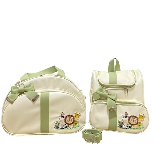 Kit Bolsa Maternidade Turminha Safari Luxo 2 Peças para bebê Menino e Menina (Bege com Verde Bebê)