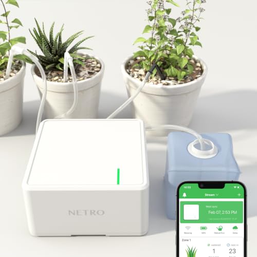 Netro Rechargeable Automatic Plant Waterer Kit Indoor 2.4G WiFi APP Control | 2 Zones Outlet, 15M Pipe, Bottom Holder, For 17 Pots, Water Volume Stats, Scheduled Recurring Watering, Log, Well Packaging