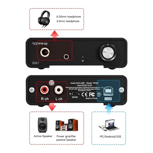 Image of Topping DX1 DAC Headphone Amplifier Combo, 280mWx2 HiFi DAC Amp, Two-Stage GAIN Switch USB Chargable Discrete LNRD, AK4493S DSD256 32Bit /384kHz XMOS XU208 Amps(Silver)