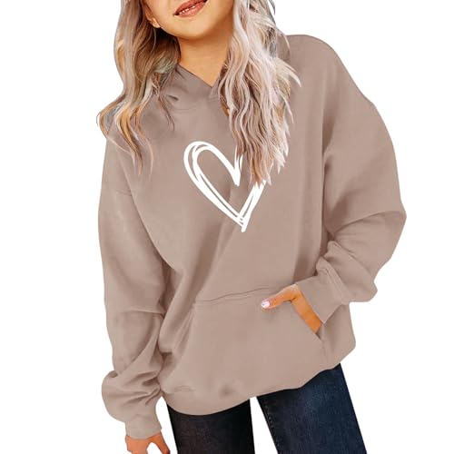 Teen Girls Oversized Heart Print Hoodies Cotton Soft Cute Hoodie Sweatshirts with Pockets Childrens Kids Long Sleeve Fit Pullover Tops Clothes Fashion Sweater (Khaki, 9-10 Years)
