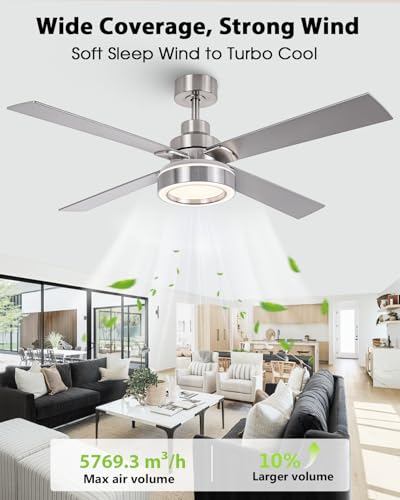 Image of 52 Inch Ceiling Fans with Lights and Remote, Modern Ceiling Fans Nickel, 3CCT Dimmable, Timer, Reversible Motor, Indoor & Outdoor Silver Ceiling Fan for Bedroom Living Room Patio - Upgraded