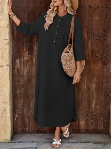 Image of Celmia Autumn Solid Loose Long Maxi Dress Cotton Caftan