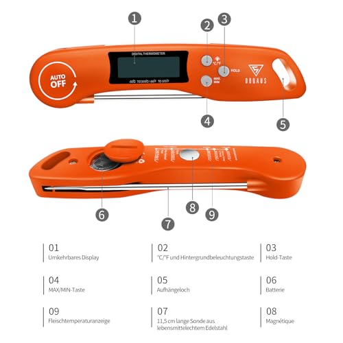 DOQAUS Grillthermometer Fleischthermometer Küchenthermometer Bratenthermometer Kochthermometer mit 3s Sofortiges Auslesen, LCD Bildschirm und Lange Sonde, für Kochen, BBQ (Orange) 6
