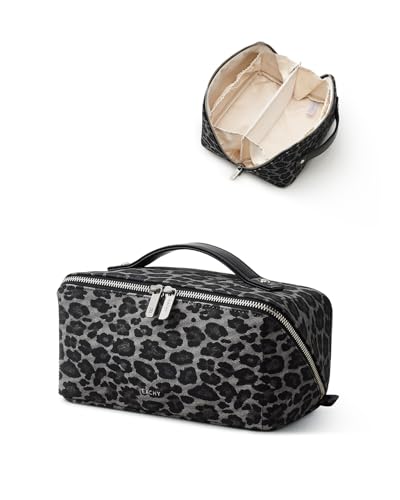 Image of EACHY Travel Makeup Bag, Large Capacity Cosmetic Bag for Women, Waterproof PU Leather, Flat Open Portable Toiletry Bag for Skincare, Brushes & Travel Essentials