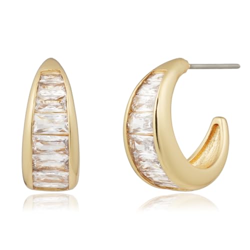 Image of Obidos 14K Gold Plated chunky hoops | Thick Huggie Earrings | Open Hoop Earrings, Baguette Cubic Zirconia Hoops