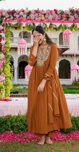 Image of Nermosa Women Embroidery Solid Anarkali Kurta and Pant Set with Dupatta
