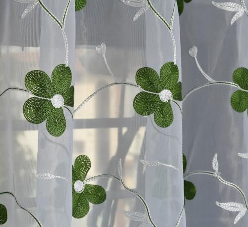 Image of Embroidered Floral Sheer Net Curtain for Window - 5x4 Feet - Transparent Green Net Curtain - Pack of 1 - Elegant Lightweight Decor for Living Room & Bedroom