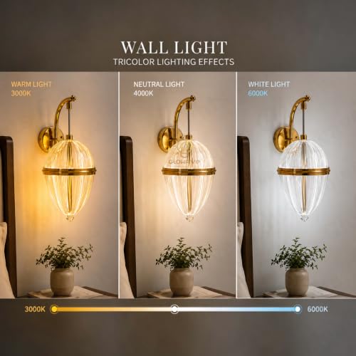 Image of Glowave Modern Gold Ribbed Oval Acrylic Shade Wall Light with Crystal Accent for Bedroom, Living Room, Bedside, Hallway & Hotel - Tricolour (White, Warm White, Natural White) (T212 /1W)