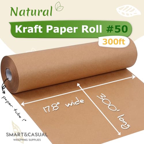 Image of SMART&CASUAL 17.8 inchx3,600 inch(300') Brown Kraft Wrapping Paper for Craft Gift Bulletin Board Banner Bouquet Flower Table Covering Packing Shipping Moving 70GSM 50LB