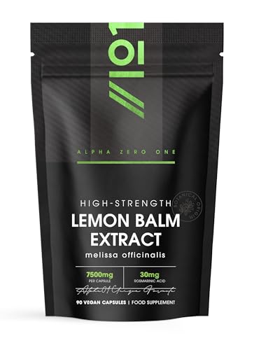 Lemon Balm Extract 7500mg - Standardised 30mg Rosmarinic Acid Supplement - 90 Vegan Capsules (3 Months Supply) - Resealable and Recyclable Pouch by Alpha01
