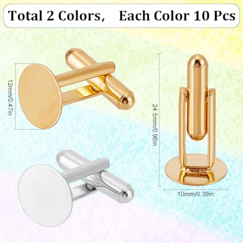SUNNYCLUE 20Pcs Silver Cufflink Blanks Gold Round Cufflinks Brass Business Tuxedo Tray Bezel Blanks Cufflink Studs Settings for Men\'s Cuff Links Wedding Banquet Ceremony Business Son Father Regular - Thumbnail 2