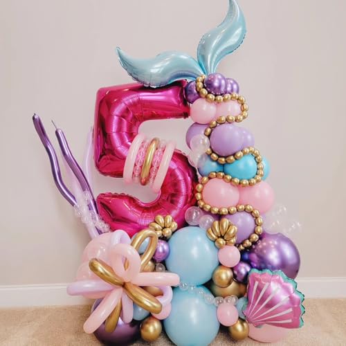 Image of Hot Pink and Purple Balloons, 12 Inch Purple Pink Teal Blue Mermaid Balloons, Metallic Purple Green Confetti Balloons for Girls Under The Sea Party Balloons Pink and Purple Birthday Decorations
