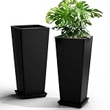 Elevens Set of 2 Tall Outdoor Planters 24 Inch, Large Planters for Indoor Outdoor Plants, Tapered Square Flower Pots with Tray for Patio,Black