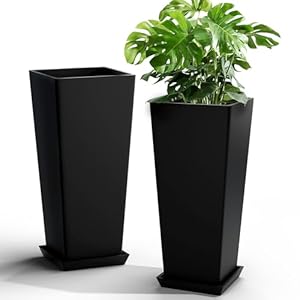 Elevens Set of 2 Tall Outdoor Planters 24 Inch, Large Planters for Indoor Outdoor Plants, Tapered Square Flower Pots with Tray for Patio,Black
