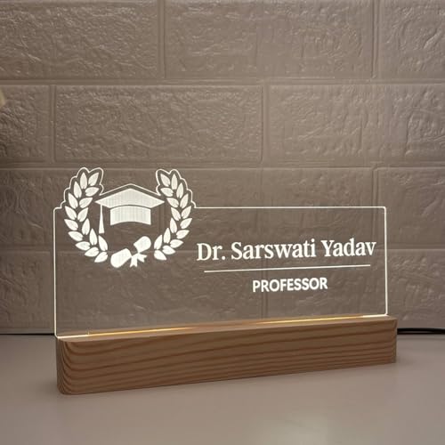 Image of Personalized Acrylic Desk Name Lamp for Professors | Custom LED Light with Name, Designation & University Logo | Best Birthday Rakhi Gift for Assistant Professor , HOD, Dean, Vice Chancellor, College Staff, Promotion farewell and New office joining (10 x 6 inch) (For Professor)