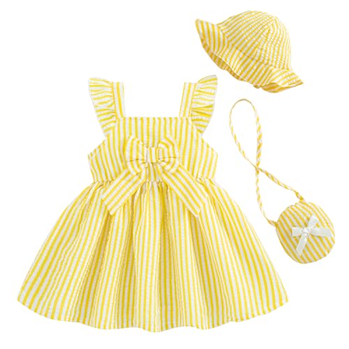 Renotemy Baby Girl Dresses 6-9 Months Infant Girls Ruffle Flutter Sleeve Big Bowknot Boho Yellow Sundress Gifts for Girls 9-12 Months Spring Summer Party Dress Clothes Outfits with Hat and Bag
