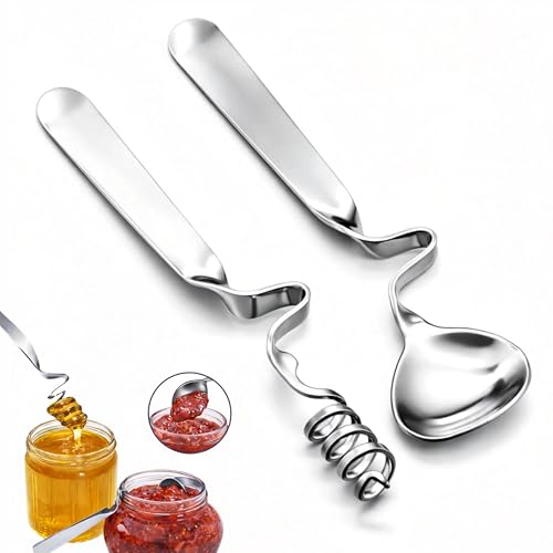 Ensemble de cuillères à miel et à confiture en acier inoxydable antirouille - Design pratique avec crochets - Cuillère spirale et cuillère à confiture - Idéal...