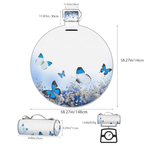 Shimoshe Mandaceous Butterfly Picnic Outdoor Blanket Foldable Waterproof Sandproof Beach Blanket Portable Water-Resistant Round Picnic Mat for Travel Camping Park Lawn
