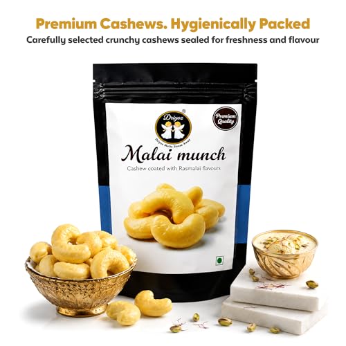 Image of DRIYOZ Malai Munch Rasmalai Flavoured Cashews 250g | Premium Crunchy Kaju Coated with Creamy Malai Granules | Gourmet Indian Sweet Snack for Gifting, Festivals & Celebrations