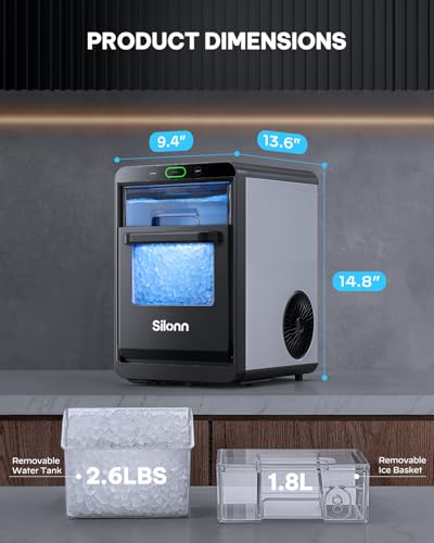 Image of Silonn Nugget Ice Maker Countertop, Crushed Ice Maker & Pebble Ice Machine Produces 44lbs /24h with Front Pull-Out Water Tank & Removable Basket for Home /Kitchen, Stainless Steel