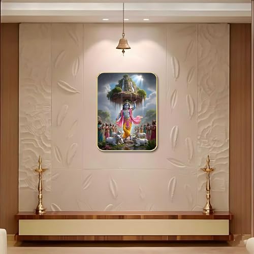 Image of SAF Lord Krishna Govardhan Leela Wall Art with Table Top Stand & Wall Hanging Hole | Premium MDF Religious Painting for Mandir Home Office Decor