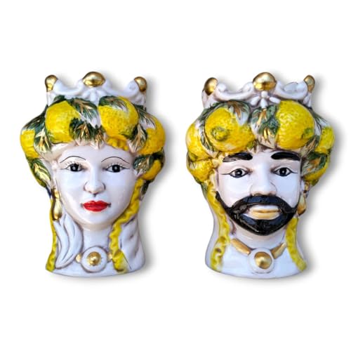 Set di Vasi Decorativi in Ceramica Teste di Moro, Design Siciliano con Limoni, Fatti a Mano, 2 Pezzi, 13x11 cm