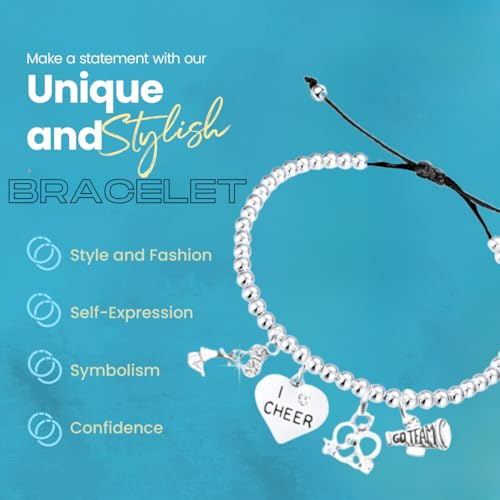 Sportybella Silver Stainless Steel Cheerleading Charm Bracelet – Adjustable Chain with I Cheer, Cheerleader, Pom-Poms & Megaphone Charms – Gift for Cheerleaders & Cheer Teams4