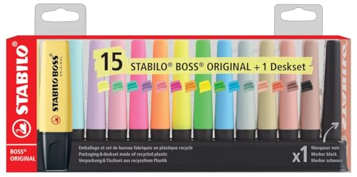 STABILO BOSS ORIGINAL - Resaltador - Set de escritorio x 15 resaltadores: 5 neón + 5 colores pastel + 4 naturales + 1 marcador negro