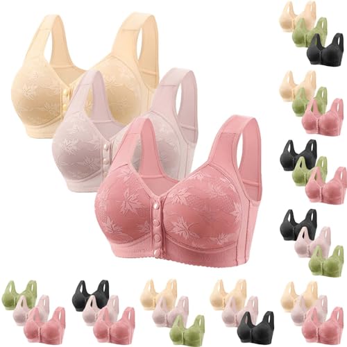 Image of 3-Pack Front Fastening Bras for Women Plus Size Cotton Solid Colour Everyday Bras No Wire Breathable Bras for Elderly Women with Sagging Breasts Wide Straps Comfort Bras Wireless Push Up Bras Pink