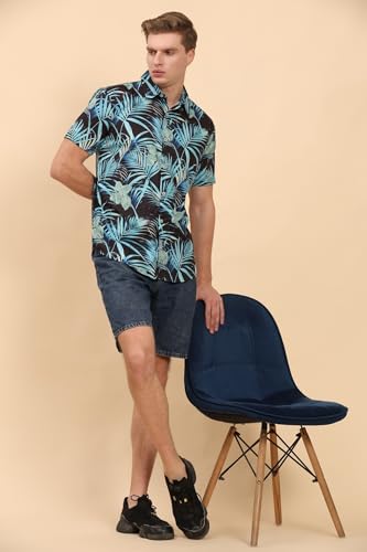 Image of Mens Printed Casual Shirts Short Sleeves Button Down Tropical Shirts (MS1 Black Turquoise XL)