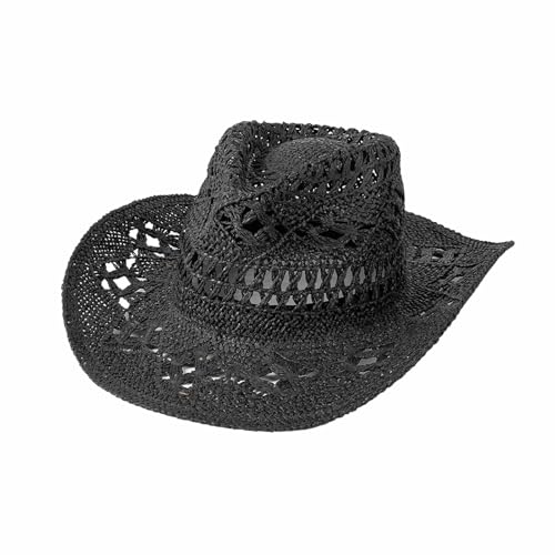 Lifup Straw Cowboy Sun Hats for Women, Western Cowgirl Hats with Shapeable Brim, Summer Beach Sun Hat Black