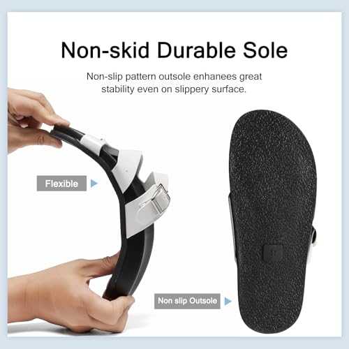 Womens Platform Sandals, H sandals for Women Leather White Black Open Toe Sandals with Adjustable Buckle Summer Comfortable Beach Chunky Slip on Slides2