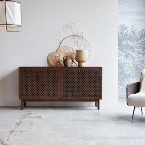 Image of PAPA JET Mid-Century Modern Sideboard Cabinet with Perforated Doors, Walnut Wood Finish, Storage Buffet with Shelves