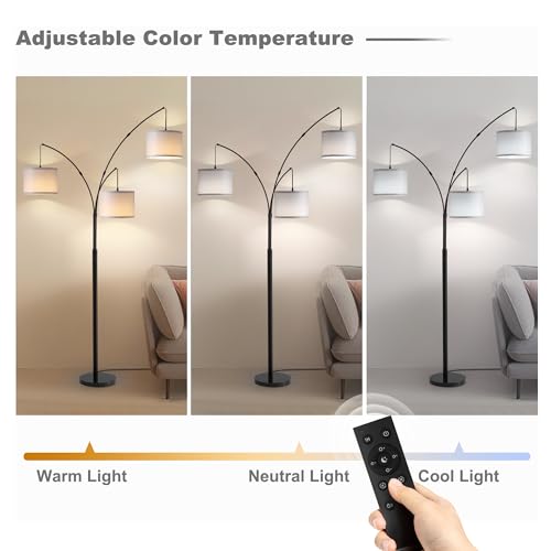 Image of Floor lamp with Remote, 3 Light Arc Floor Lamps for Living Room, 2400LM Tall Standing Floor Lamps with Gray Shades, 80 inch Large Floor Lamp for Bedroom, Office