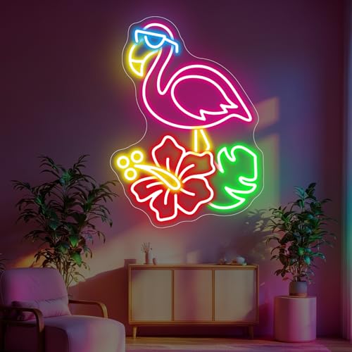 Flamingo Hibiscus Palm Leaf Neon Sign, Tropical LED Neon Sign Wall Decor by DUOLIYBC - Used condition - Image 4