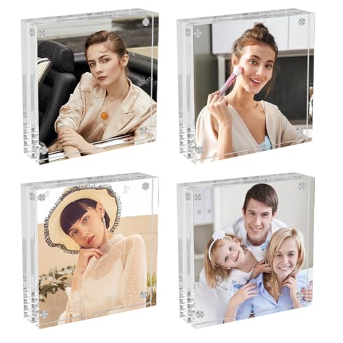Airsnigi 3x3 Acrylic Picture Frames 4 Pack, Square Clear Photo Frame Business Card Frame Magnetic Picture Frames Desktop Display Double Sided Wallet Size Acrylic Freestand Frames